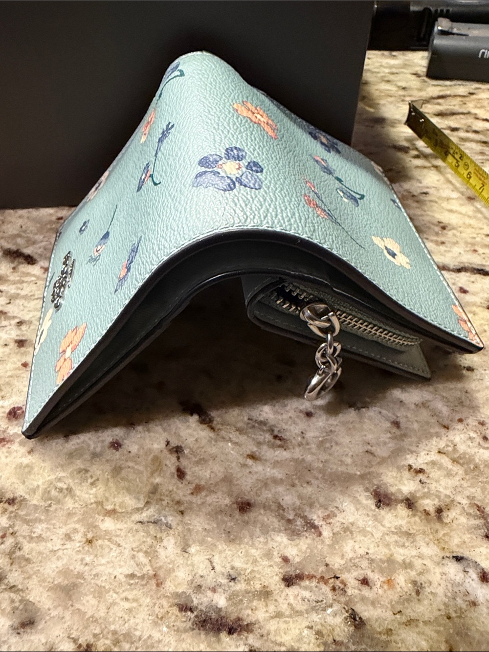 Coach Blue Floral Compact Wallet with Gold Logo - Picture 7 of 9